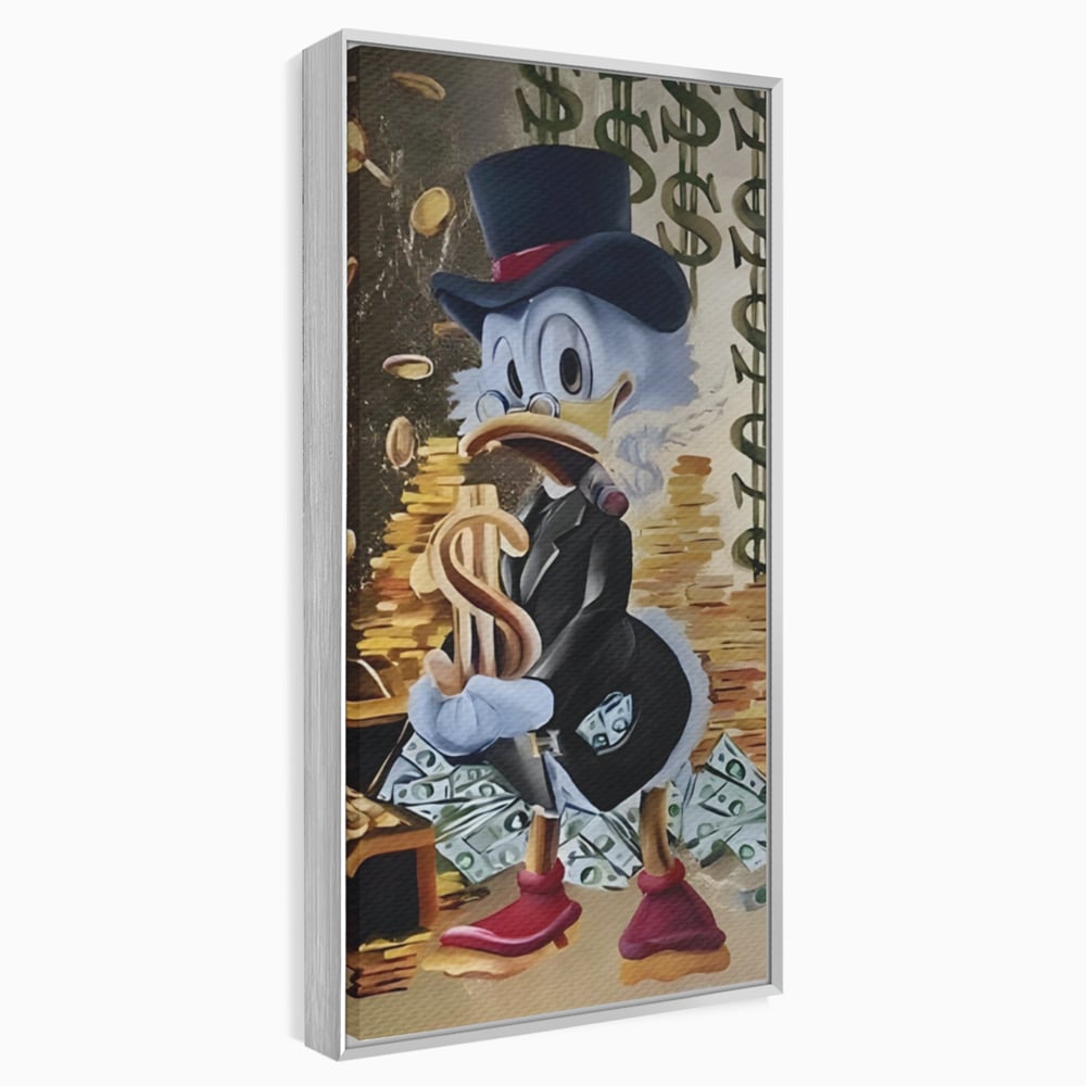 Tablou canvas cu tablou canvas cu scrooge duck si bani, in rama de aluminiu argintiu